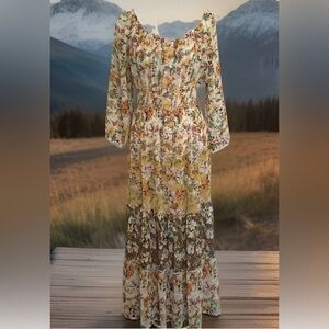 Fig&Flower Floral Print Sheer Tiered Maxi Dress Smocked Waist 3/4 Sleeve Women L